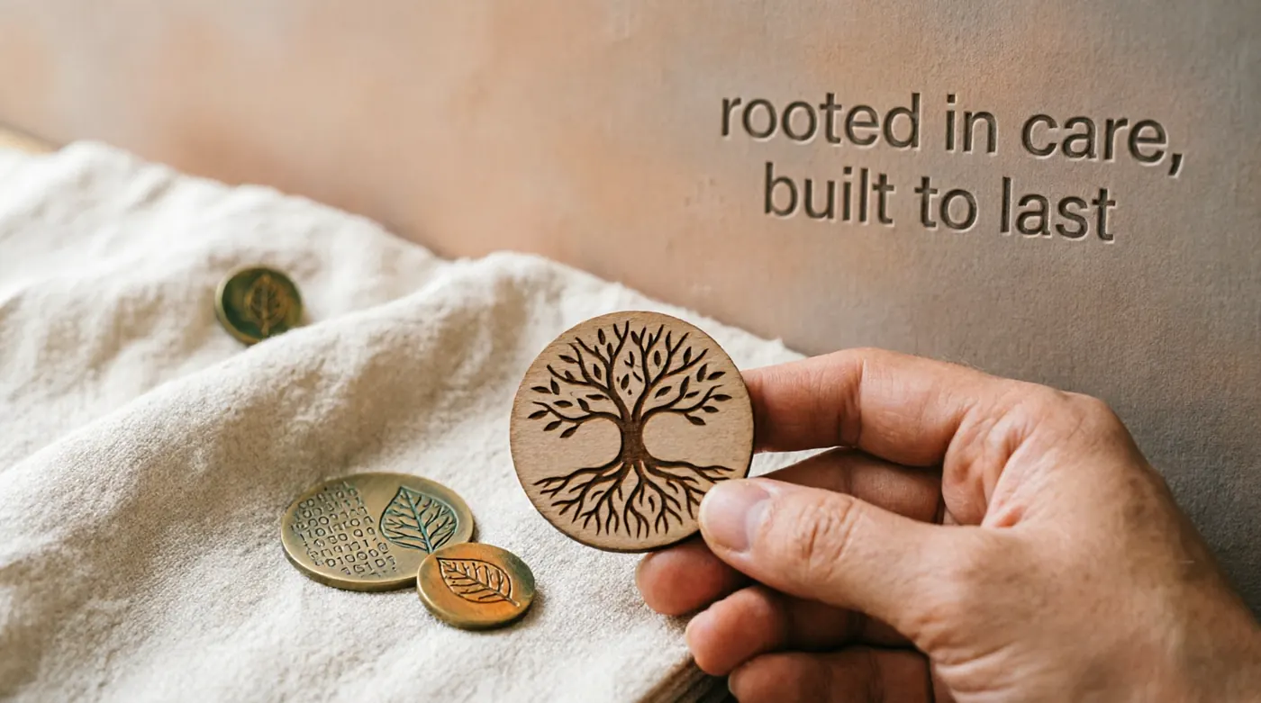 A hand holding a wooden medallion engraved with a tree, beside bronze leaf coins and the words rooted in care, built to last