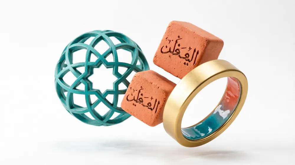 A teal geometric lattice sphere, two terracotta cubes and a gold ring