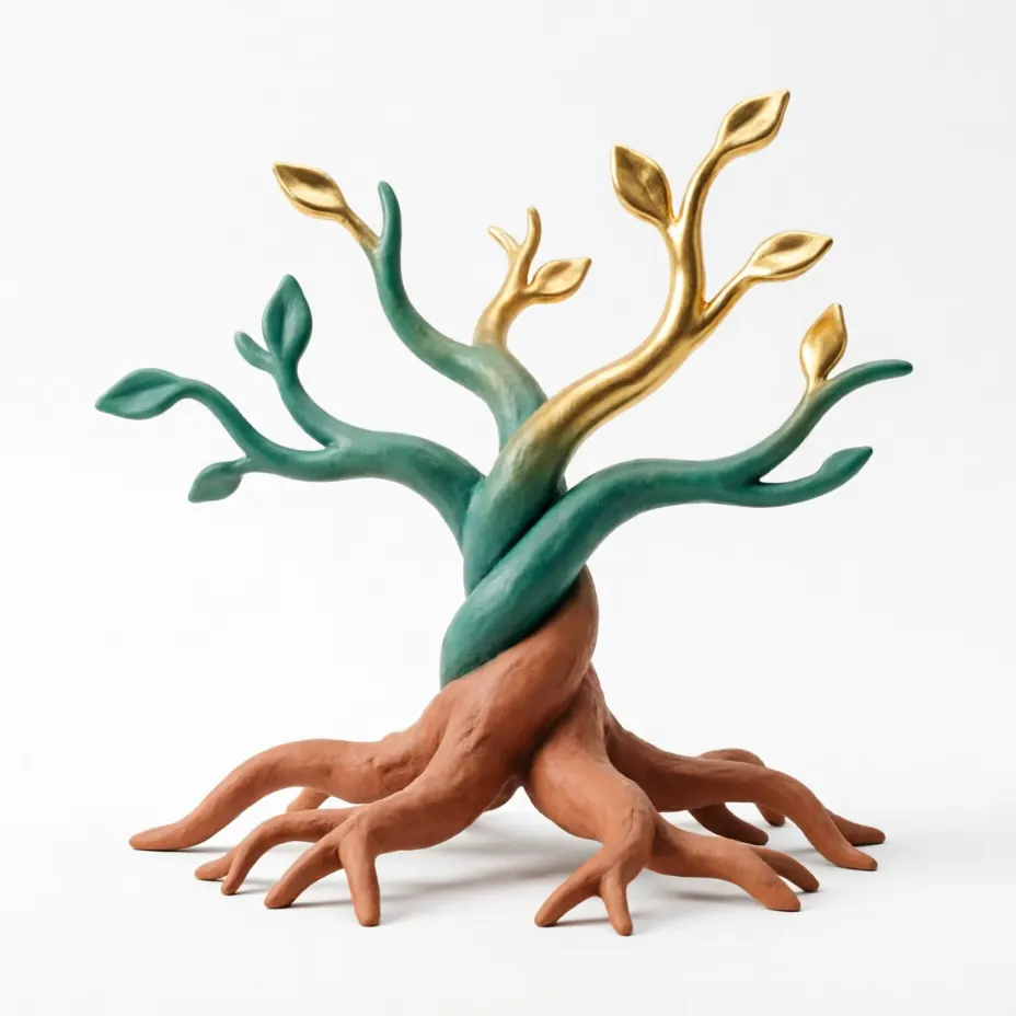 Hand-sculpted clay tree with terracotta roots, teal branches and gold leaves