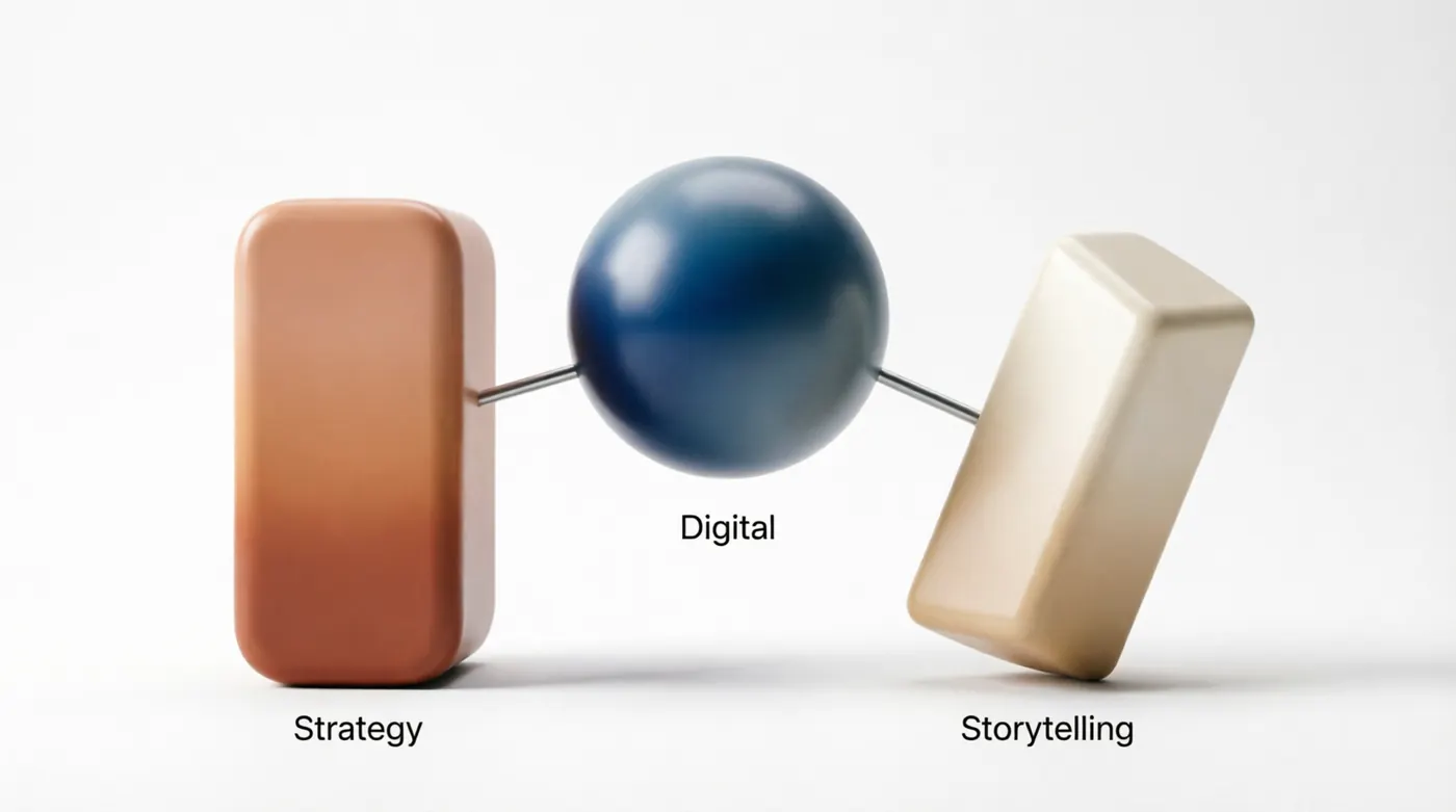 Three sculpted forms labelled Strategy, Digital and Storytelling, joined by thin wires